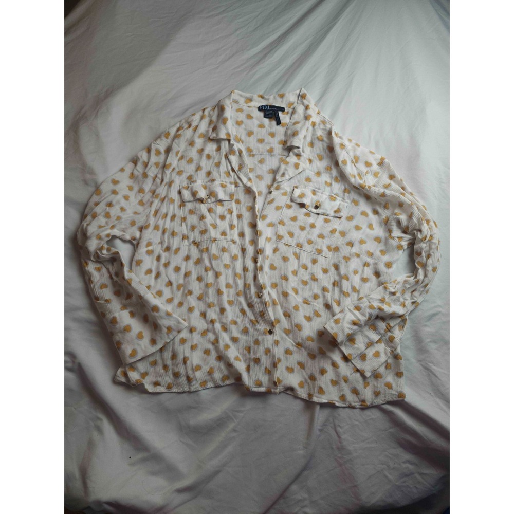FDJ French Dressing Jeans Blouse Womens‎ 14 White Yellow Heart Print Button Up